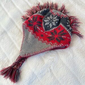 L.L.Bean Kids Red & Gray Sweater Knit Fleece Lined Mohawk Winter Snow Hat, S